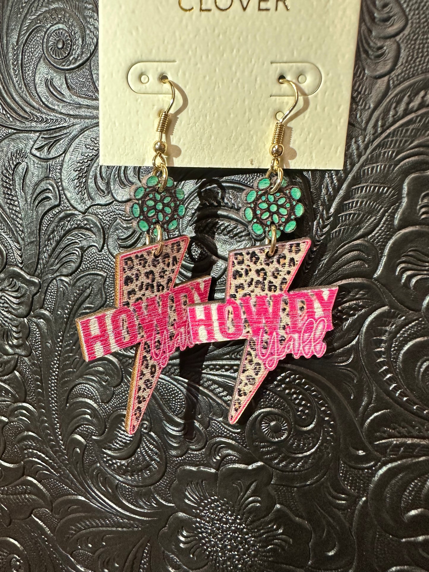 Pink Leopard Bolt HOWDAY Y’ALL Wood Grain Earring