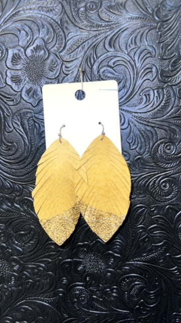 Mustard/Gold Feathered Tear Drop Earrings