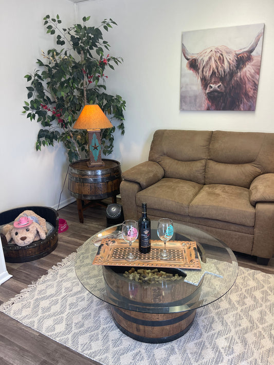 Whiskey Barrel Coffee Table w/ Glass Top