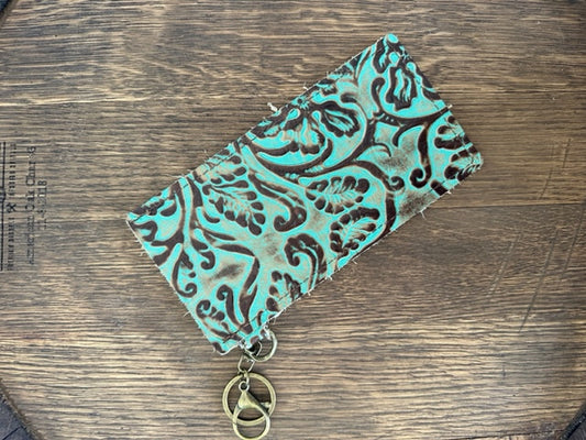 Embossed Leather Sunglasses Case w/ Keychain Turquoise